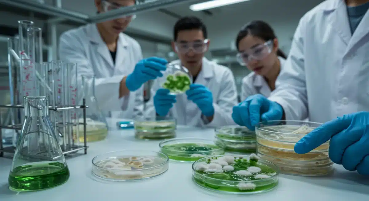 Scientists developing bio-based eco-friendly fabric innovations in a lab.