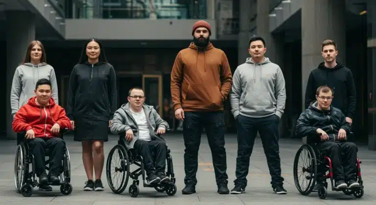 Stylish individuals showcasing modern adaptive clothing in an urban environment.