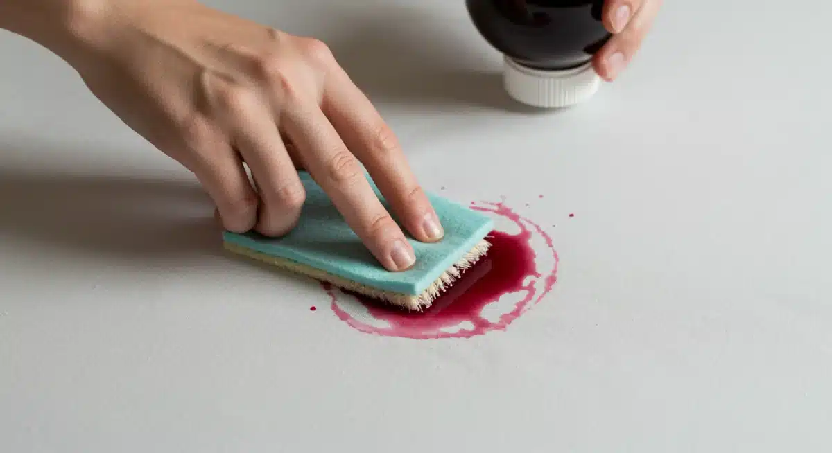 Applying stain remover to red wine on white cotton, demonstrating fabric stain removal technique.
