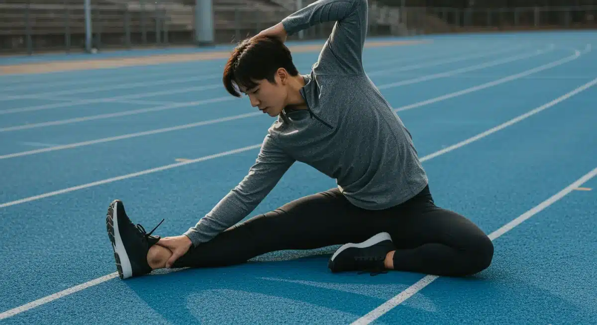 Athlete stretching in high-performance activewear, showcasing fabric flexibility.