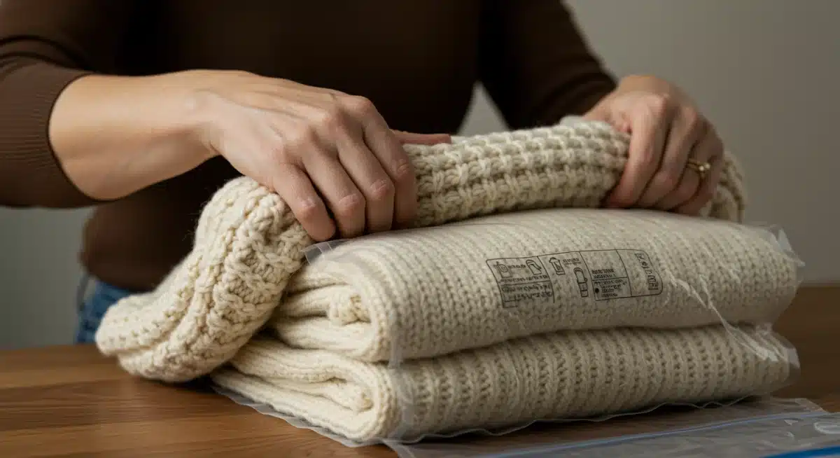 Folding and sealing a wool sweater for storage