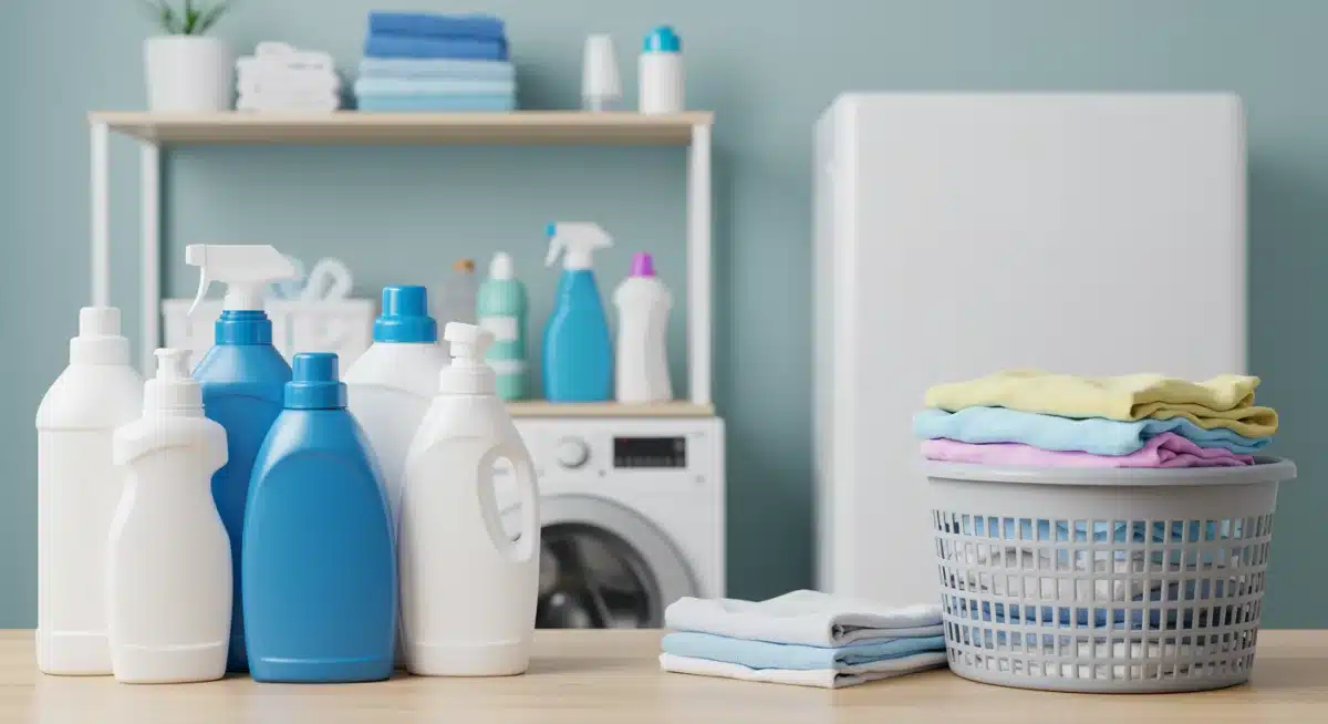 Organized laundry room with stain removers and clean clothes, showcasing effective fabric stain removal.