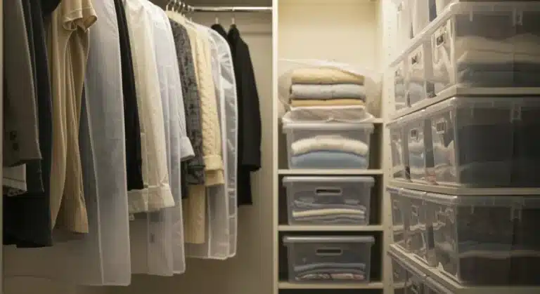 Organized winter clothes in storage, clean and protected