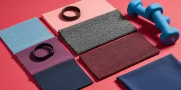 Close-up of diverse performance fabric swatches for activewear, highlighting texture and color.