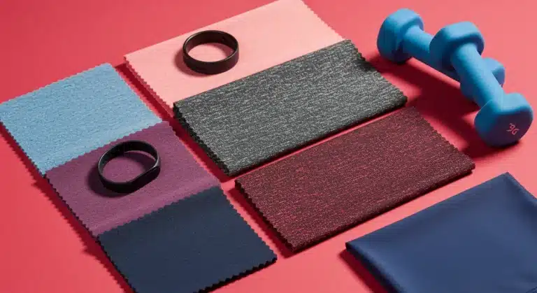 Close-up of diverse performance fabric swatches for activewear, highlighting texture and color.