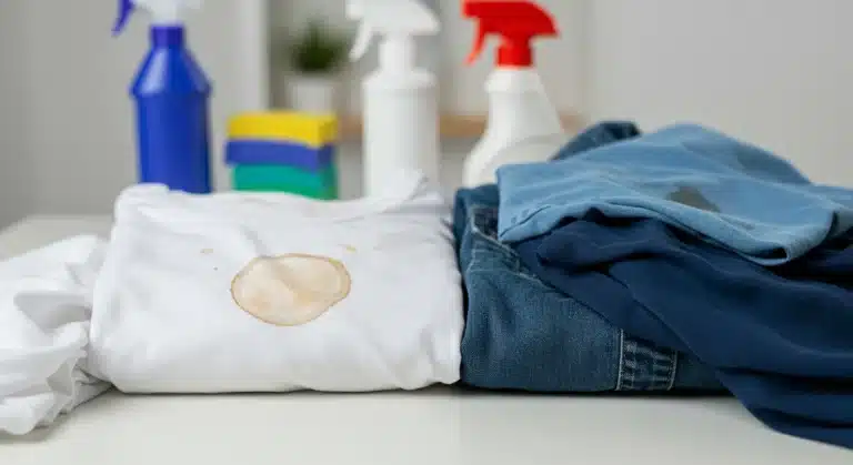 Assortment of stained fabrics with cleaning supplies, illustrating effective fabric stain removal.