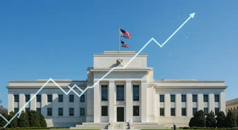 Federal Reserve building with ascending interest rate graphs