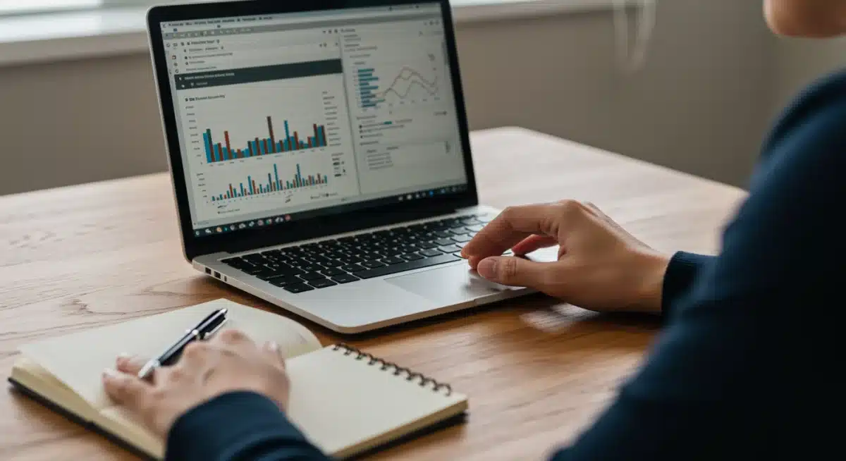 Individual reviewing financial charts on a laptop for retirement planning.