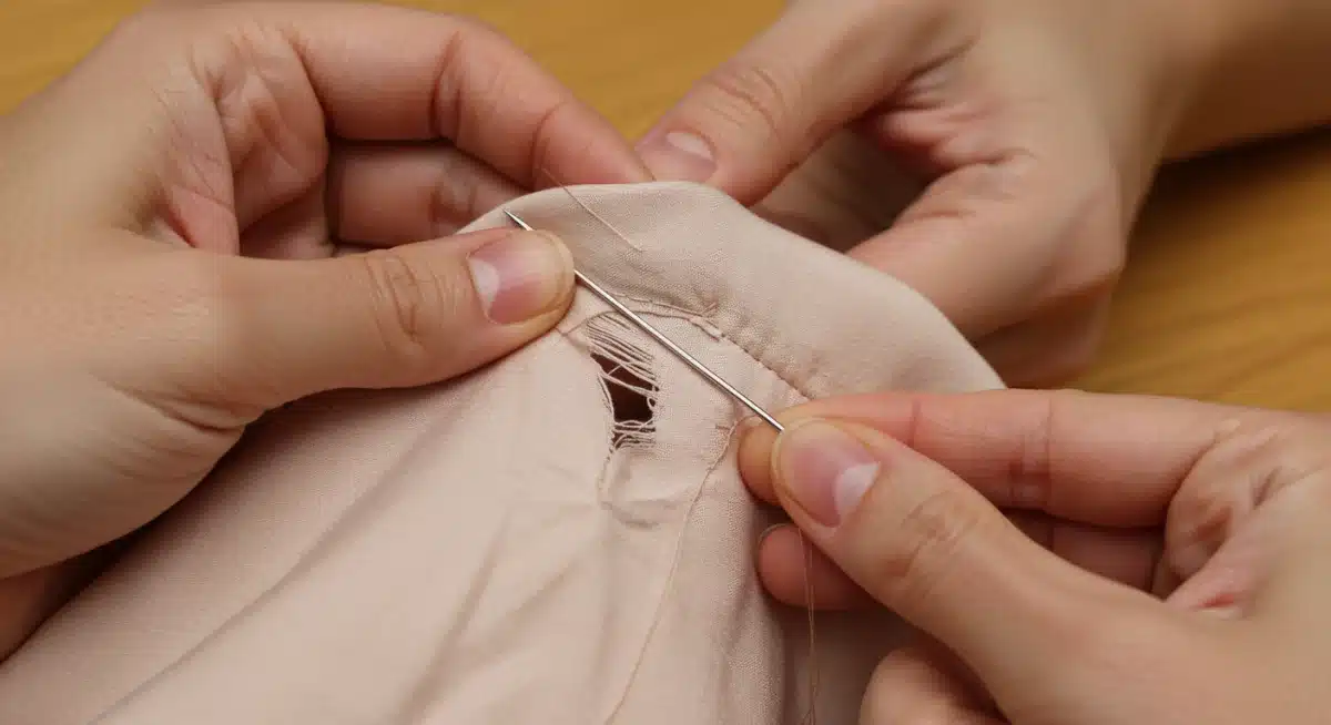 Person hand-stitching a tear in a delicate silk blouse