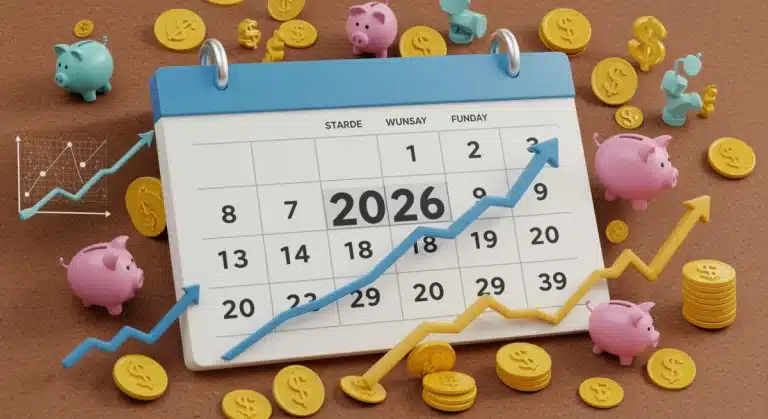 Calendar with 2026 highlighted, financial symbols, representing IRA contribution limits and Roth conversions.