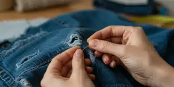 Hands mending denim jacket with needle and thread, visible mending
