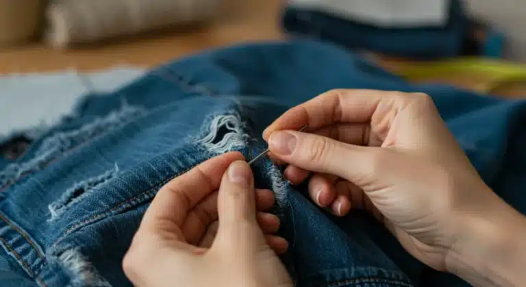 Hands mending denim jacket with needle and thread, visible mending