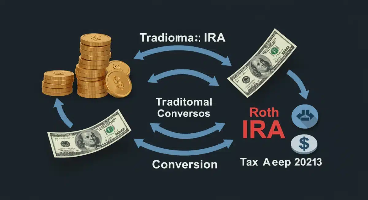 Graphic showing money flow between Traditional IRA and Roth IRA during conversion.
