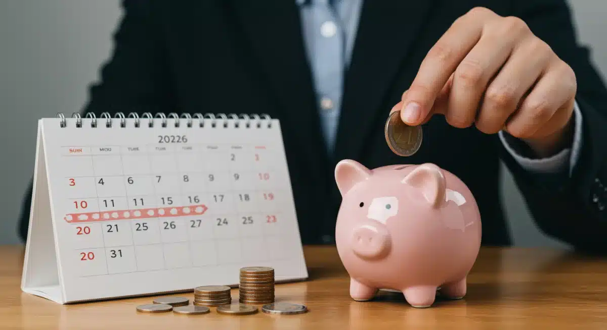 Hand placing coin into piggy bank for 2026 savings goals