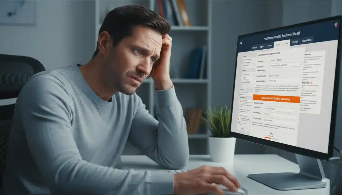 Confused person navigating complex online healthcare benefits enrollment portal