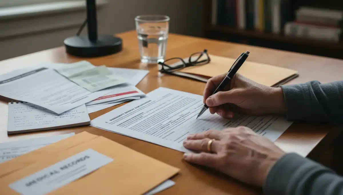 Hands meticulously filling out disability benefits application form