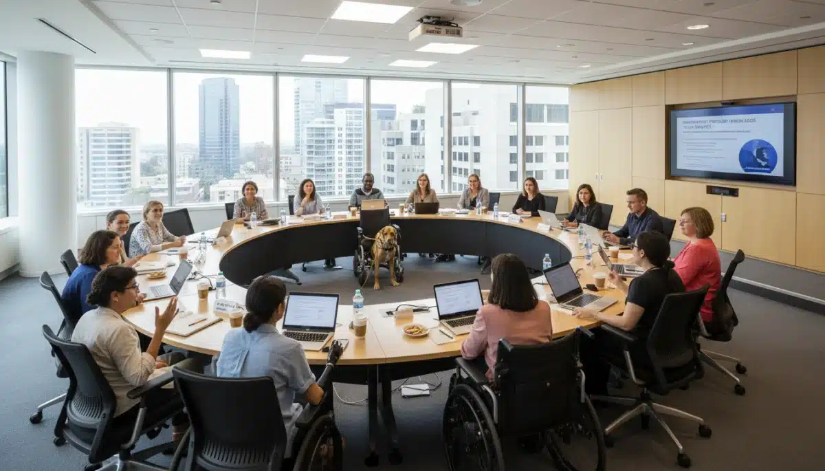 Diverse group discussing disability rights and benefits
