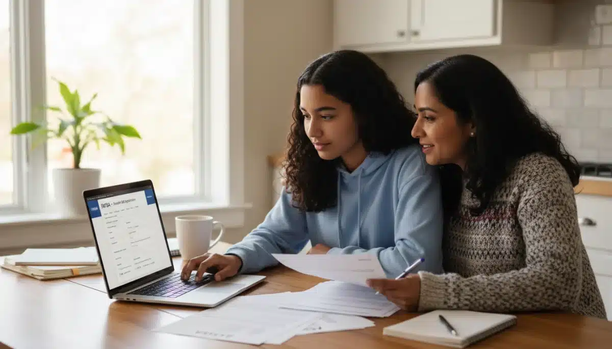 Parent and student reviewing college financial aid portal