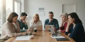 Diverse individuals reviewing healthcare benefits enrollment documents for 2026