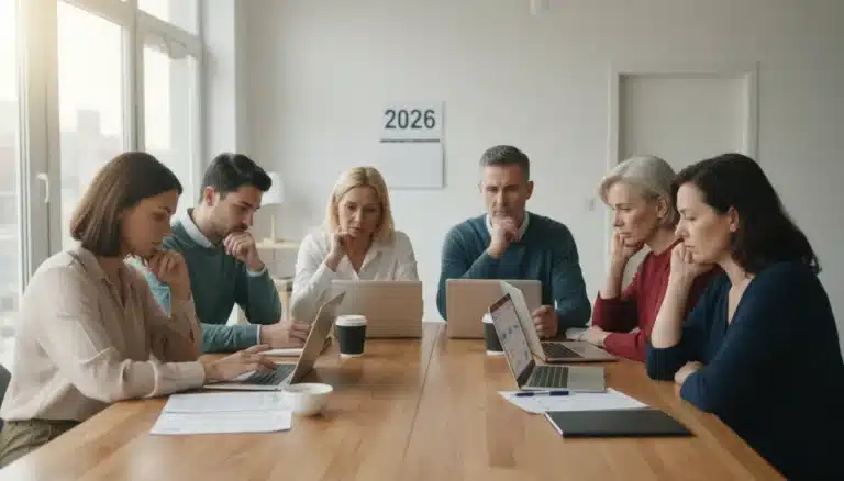 Diverse individuals reviewing healthcare benefits enrollment documents for 2026