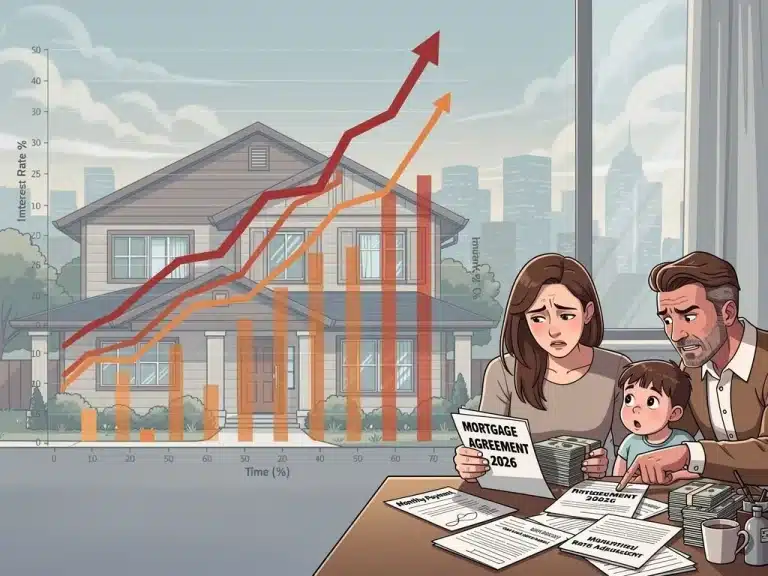Illustration of a house with rising interest rates impacting mortgage affordability.