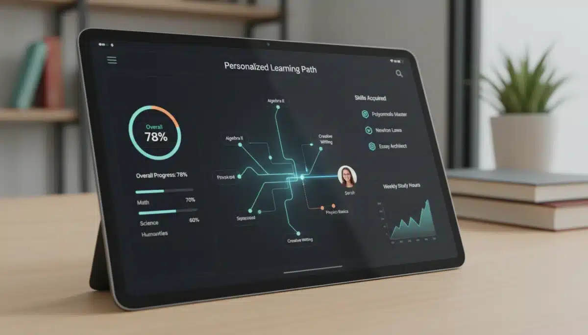 AI-powered adaptive learning platform on a tablet, showing personalized education.