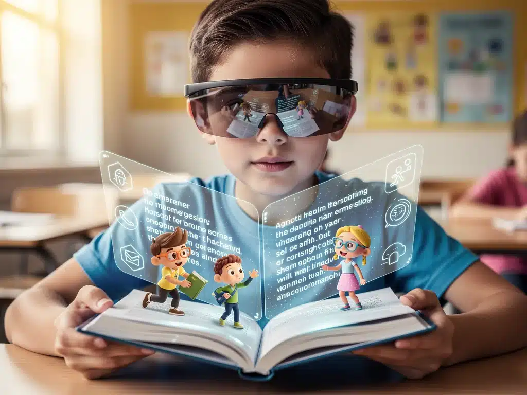 Student using AR glasses for immersive, personalized reading in a modern classroom.