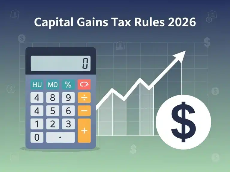 Financial calculator showing capital gains tax calculations for 2026