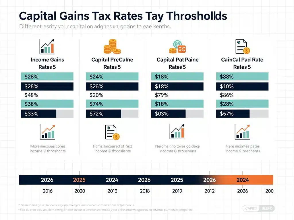 Infographic detailing capital gains tax rates and income thresholds for 2026