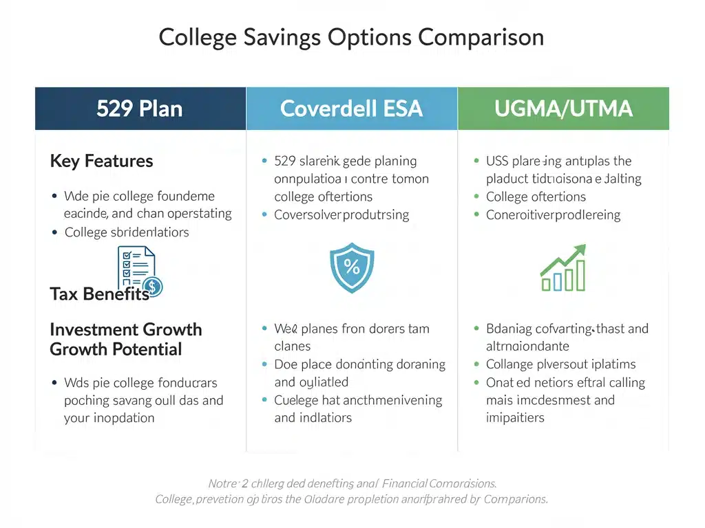 Comparison chart illustrating features and benefits of 529 plans, Coverdell ESAs, and custodial accounts.