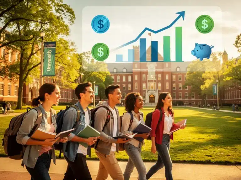 College students on campus with financial charts, representing college savings plans for 2026.