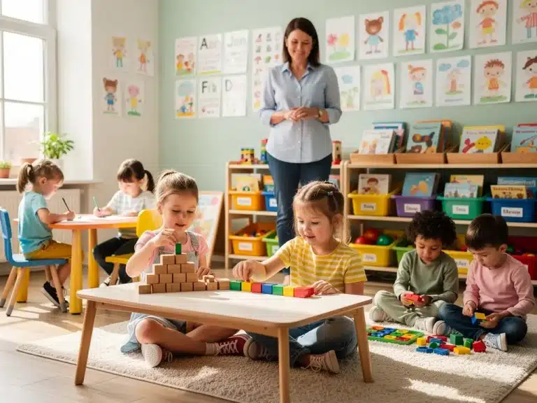 Children learning in a vibrant early childhood education classroom, symbolizing future policy impacts.