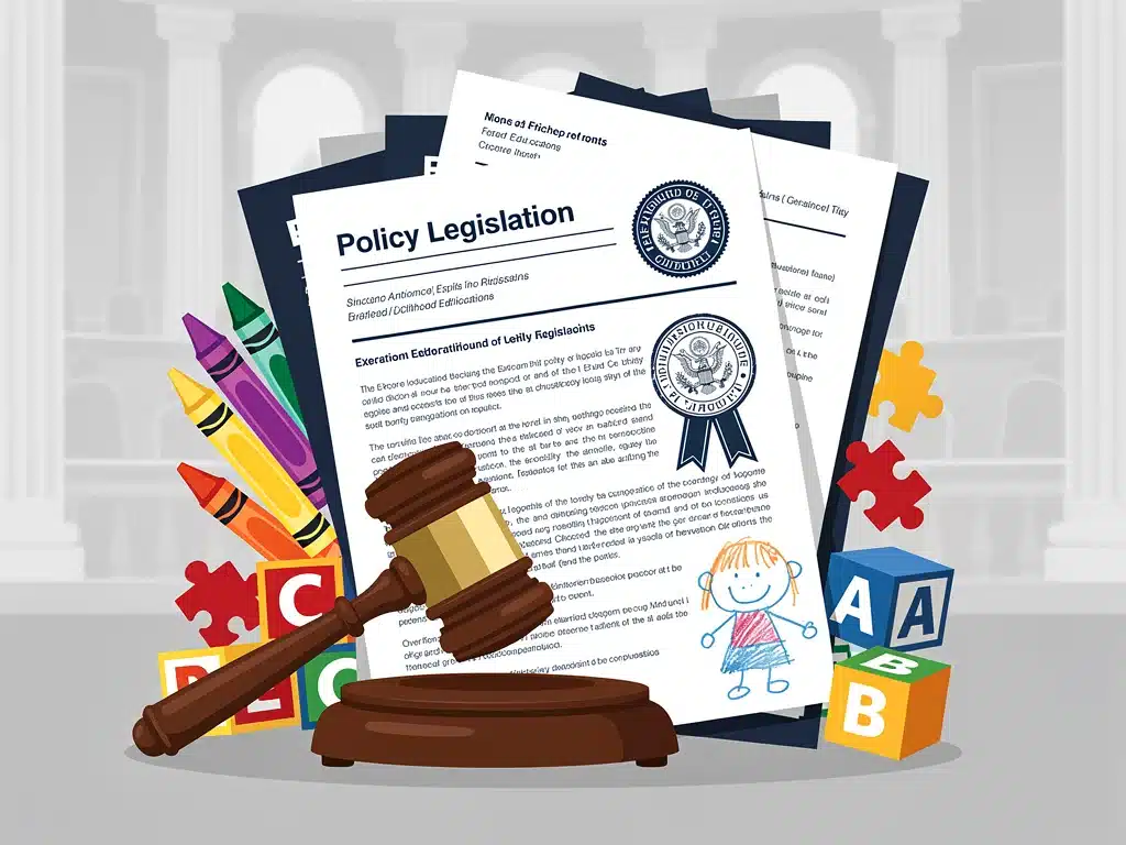 Policy documents and child-friendly symbols, illustrating new early education legislation.
