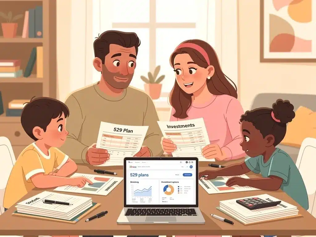 Family reviewing 529 plan documents and investment strategies for college savings.