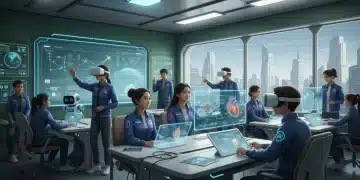 Students using advanced EdTech tools in a futuristic US classroom setting.