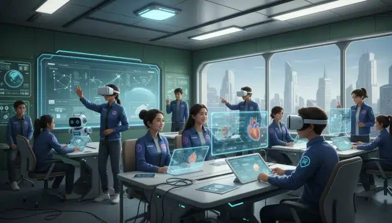 Students using advanced EdTech tools in a futuristic US classroom setting.