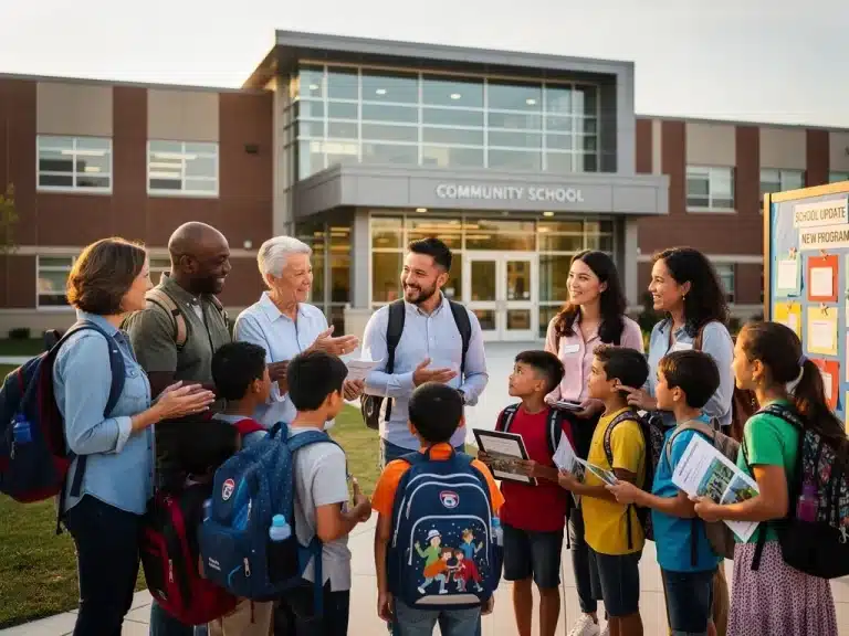 Parents and children discussing new school curriculum standards for Fall 2026