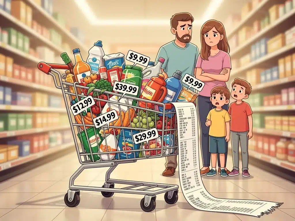Consumer purchasing power erosion due to inflation, depicted by a shopping cart with rising prices.