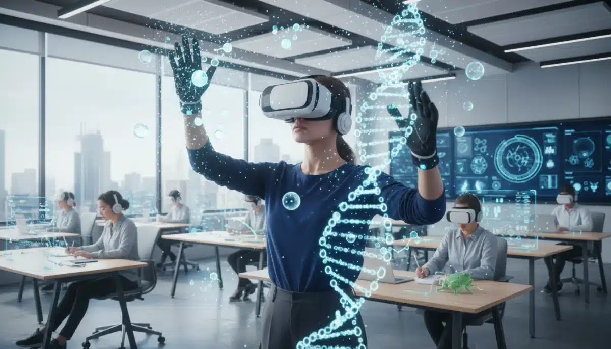 Student engaged in virtual reality learning in a modern classroom.