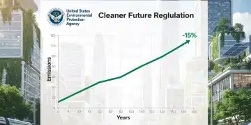 Graph illustrating a 15% emissions reduction target with EPA logo and a modern city skyline.