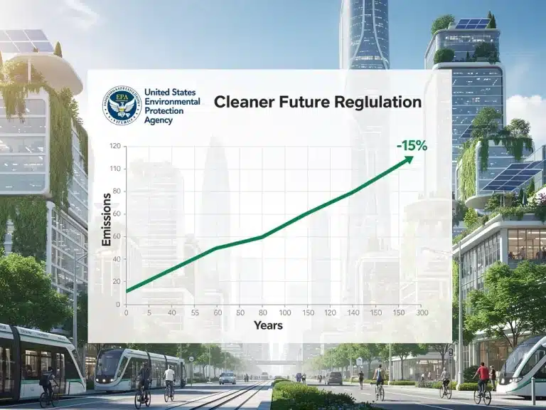 Graph illustrating a 15% emissions reduction target with EPA logo and a modern city skyline.
