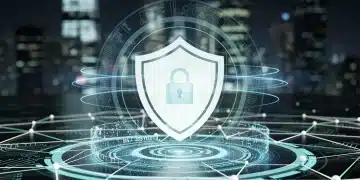 Digital shield protecting a network, representing federal cybersecurity mandates 2026