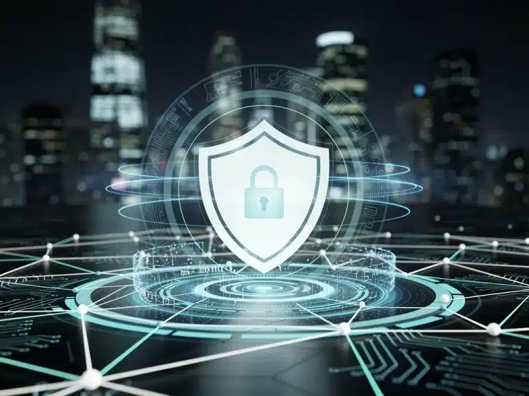 Digital shield protecting a network, representing federal cybersecurity mandates 2026