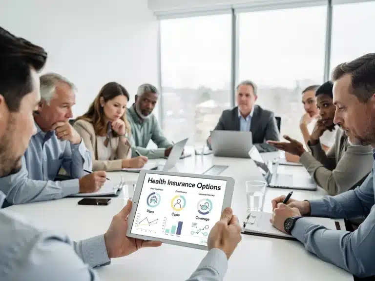 Diverse individuals reviewing health insurance options on a tablet