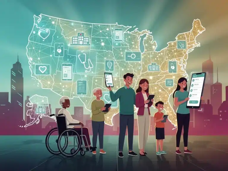Digital network connecting diverse individuals, symbolizing expanded healthcare access through Medicaid in 2026