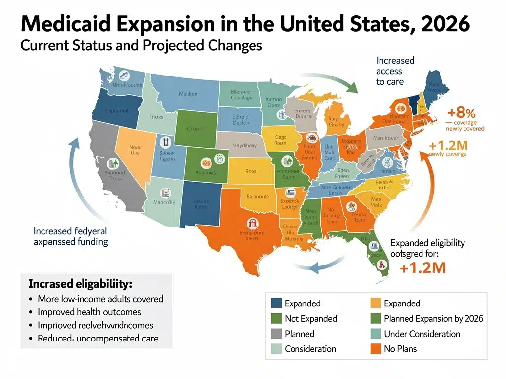 US map infographic showing projected Medicaid Expansion 2026 coverage changes