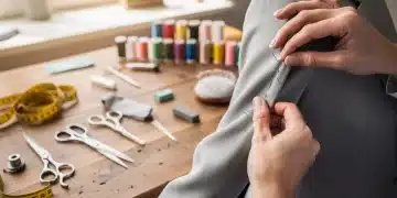 Tailor making precise adjustments to a jacket sleeve, showcasing cost-effective clothing alterations.