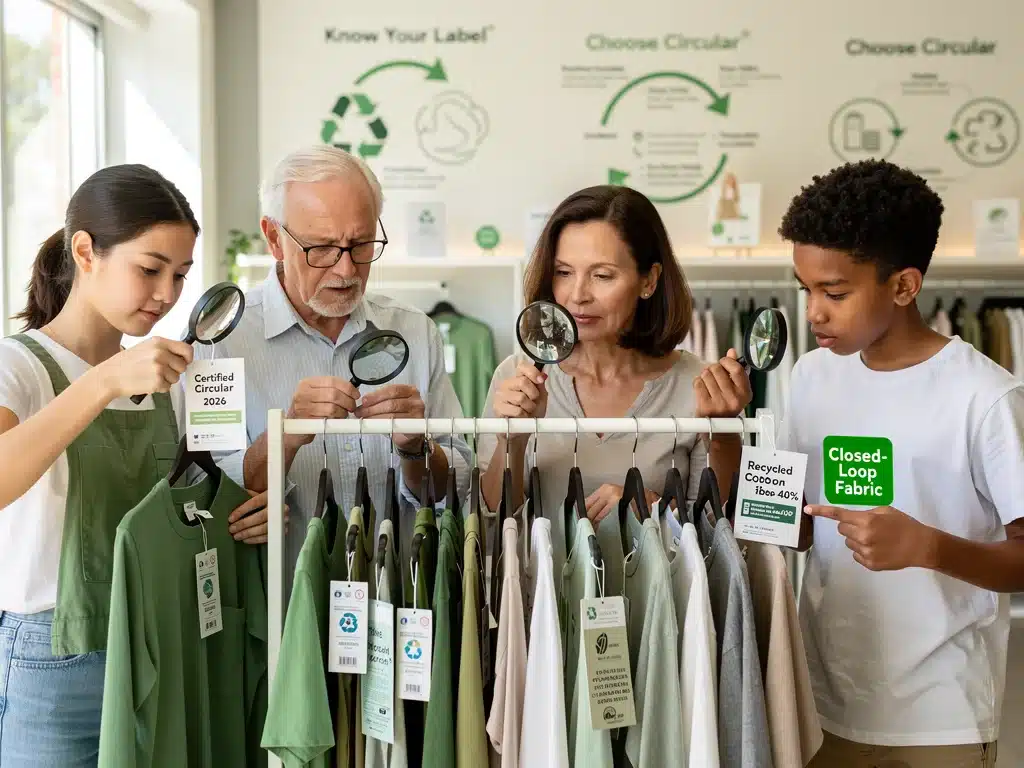 Consumers examining clothing labels for 2026 bio-synthetic standards