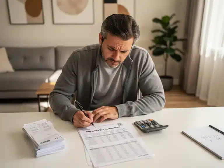 Homeowner reviewing property tax assessment documents for 2026