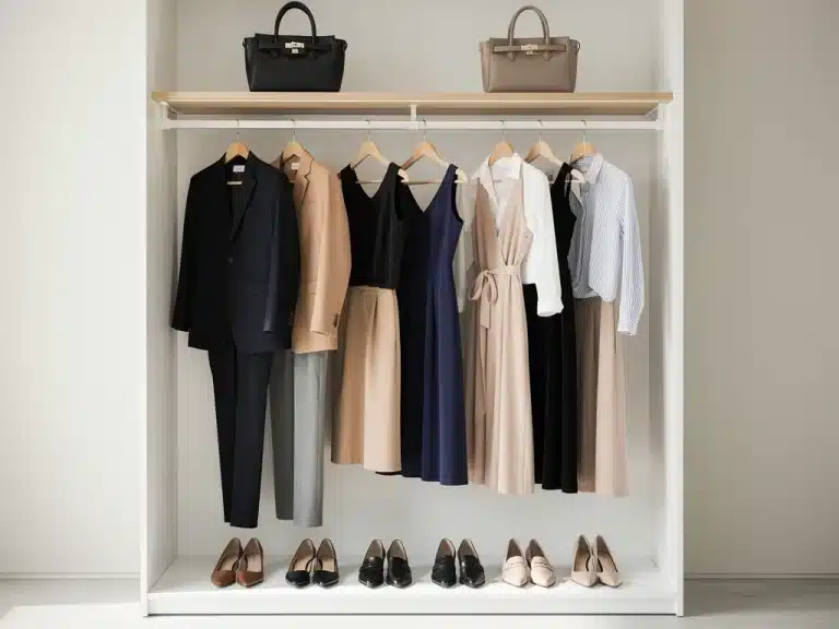 Organized 18-piece professional capsule wardrobe for versatile outfits